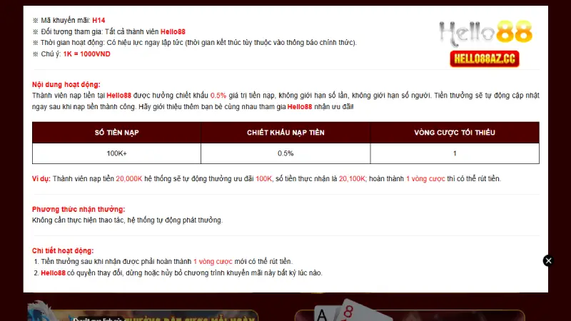 Khuyến mãi Hello88 hoàn 0,5% khi nạp tiền