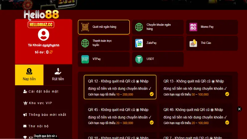 Nạp tiền Hello88 qua ngân hàng